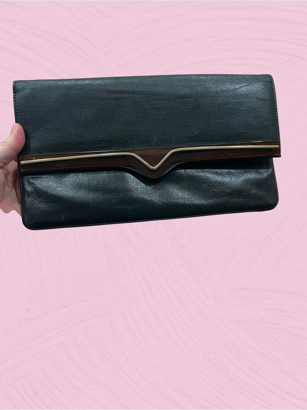 Vintage Black Leather Envelope Clutch with Tortoiseshell Resin & Gold V-Bar